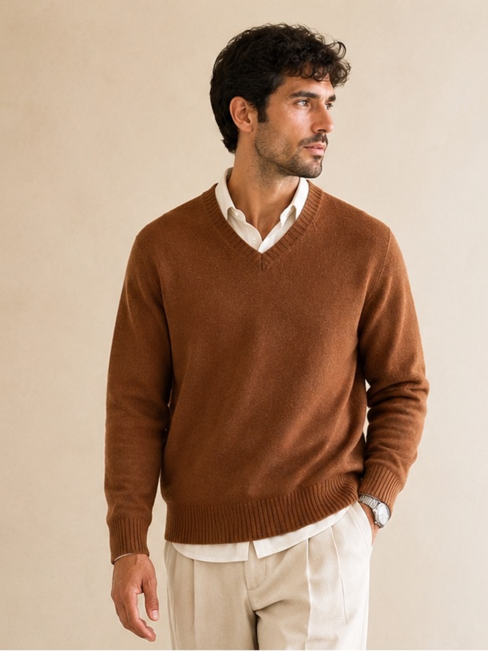 Black Brown 1826 Lambswool V-Neck Sweater Old Money Cognac Size XL